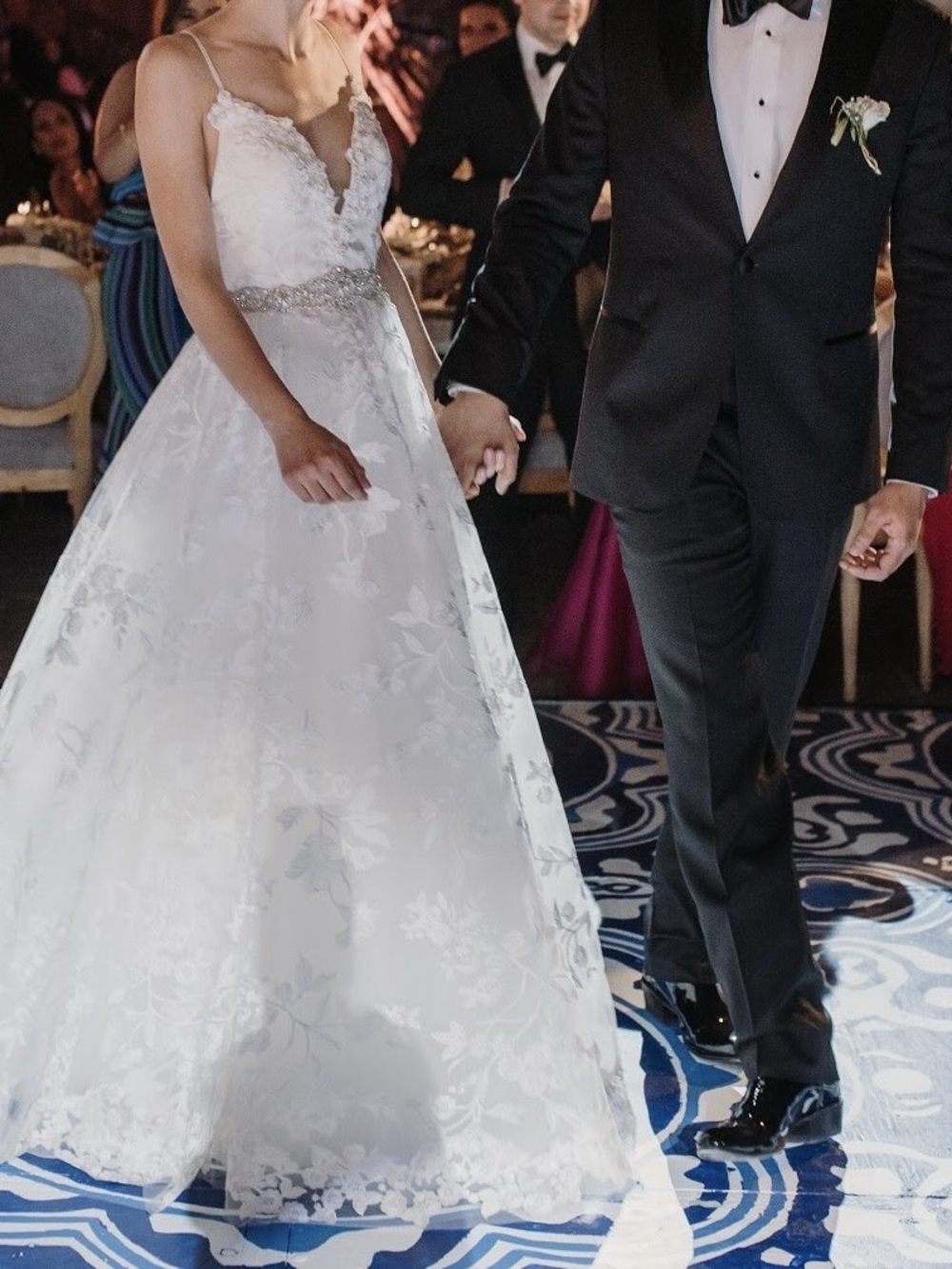 Beaded Waist White Floral Lace Bridal A-Line Gown